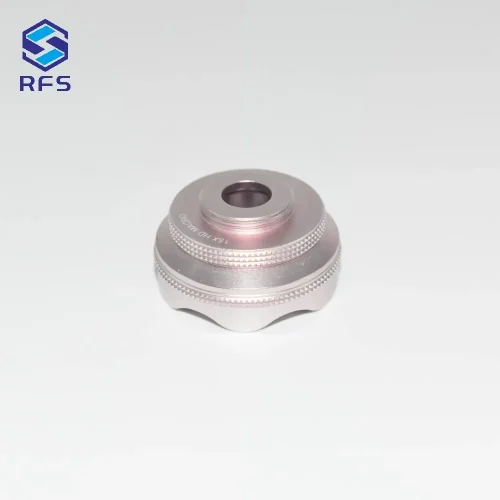Side perspective view of custom CNC turned aluminum camera accessory component