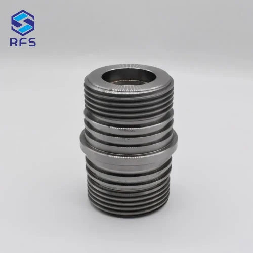 Front view of custom CNC turned stainless steel threaded connector sample